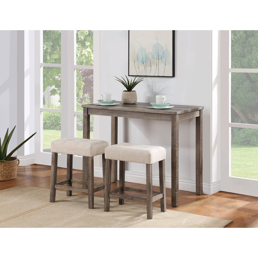 Lux Brown 3 Piece Counter Height 36" Pub Table Set with Tufted Creamy White Linen Stools