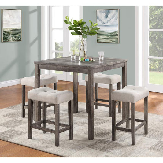 Lucian Brown 5 Piece Counter Height 36" Pub Table Set with Tufted Creamy White Linen Stools