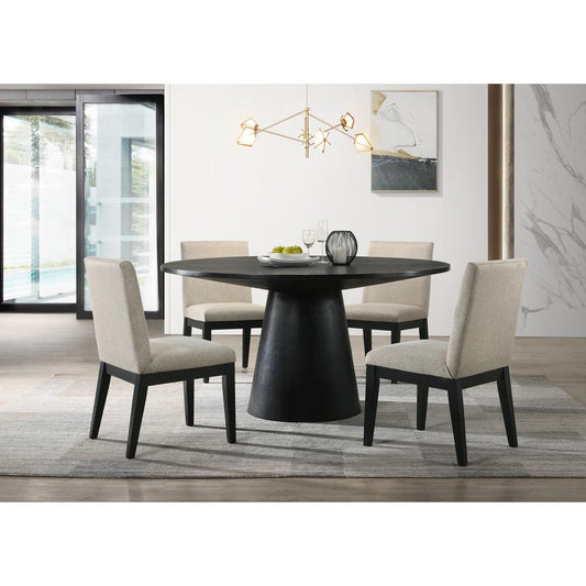 Jasper Ebony Black 5 Piece 59" Wide Contemporary Round Dining Table Set with Beige Fabric Chairs