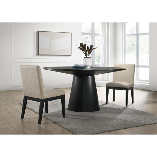 Jasper Ebony Black 3 Piece 59" Wide Contemporary Round Dining Table Set with Beige Fabric Chairs