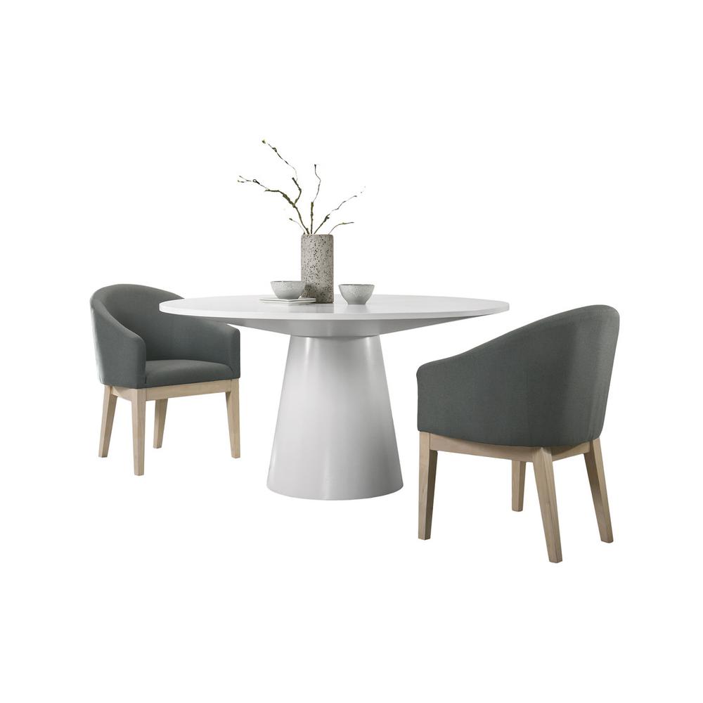 Jasper White 3 Piece Round Dining Table Set with Gray Barrel Chairs