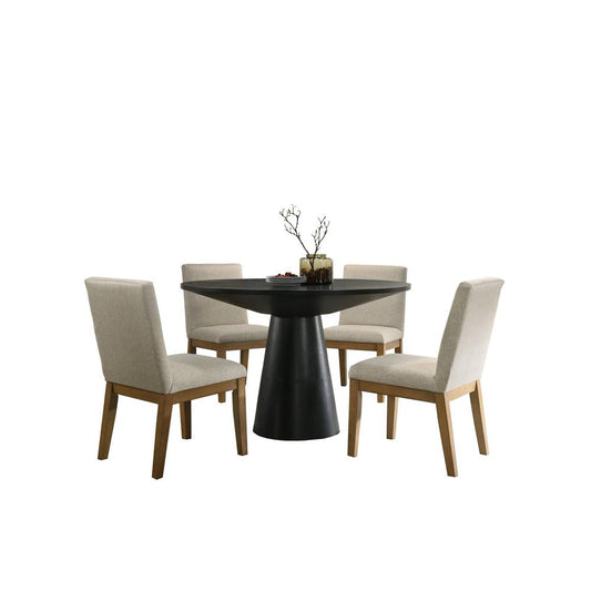 Ebony Black 5 Piece Contemporary Round Dining Table Set and Beige Fabric Chairs