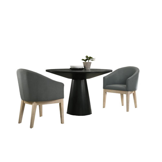 Jasper Ebony Black 3 Piece 47" Round Dining Table Set with Gray Barrel Chairs