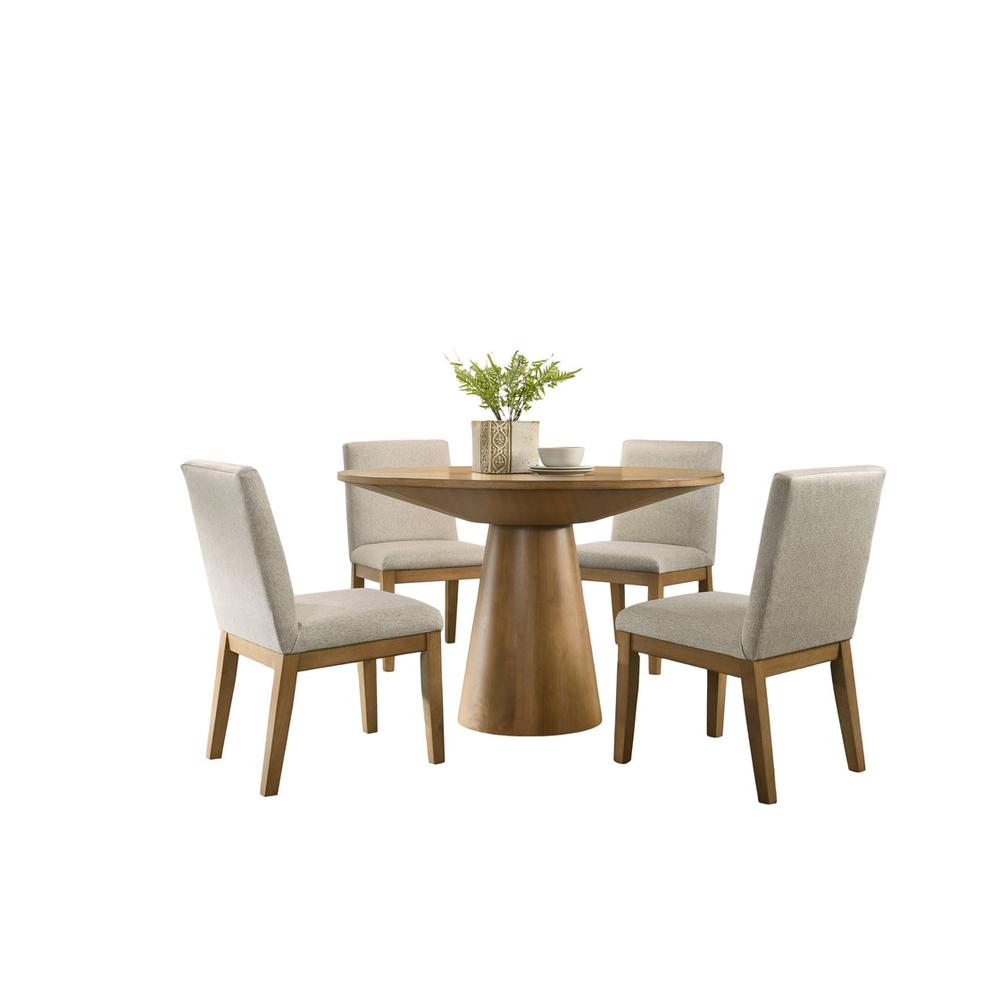 5 Piece Contemporary Round Dining Table Set and Beige Fabric Chairs