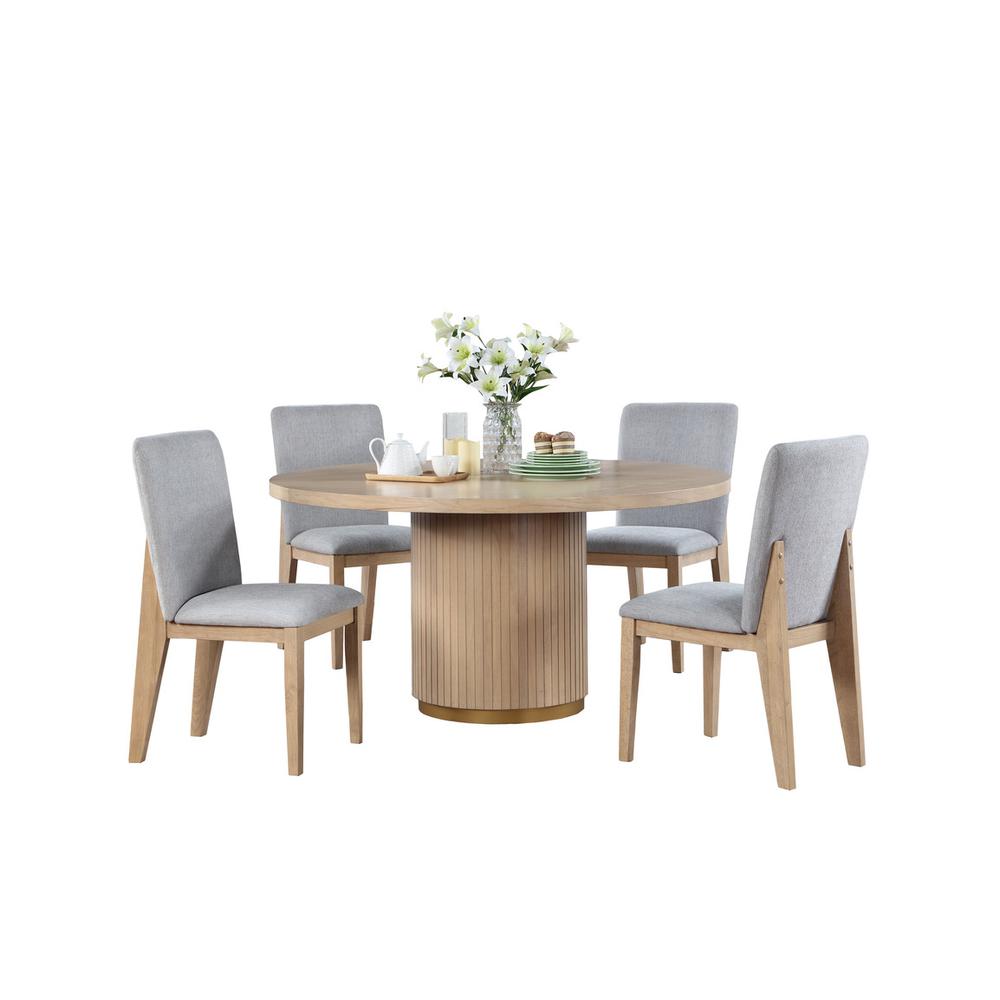 Caspian 5 Piece 59" Round Oak Finish Dining Table Set with Gray Chairs