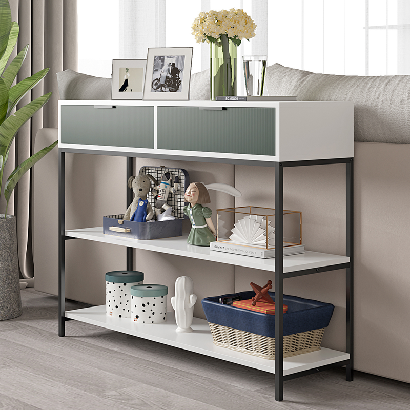 Louie White and Light Green Wood Console Table Steel Frame with Shelves and Drawers