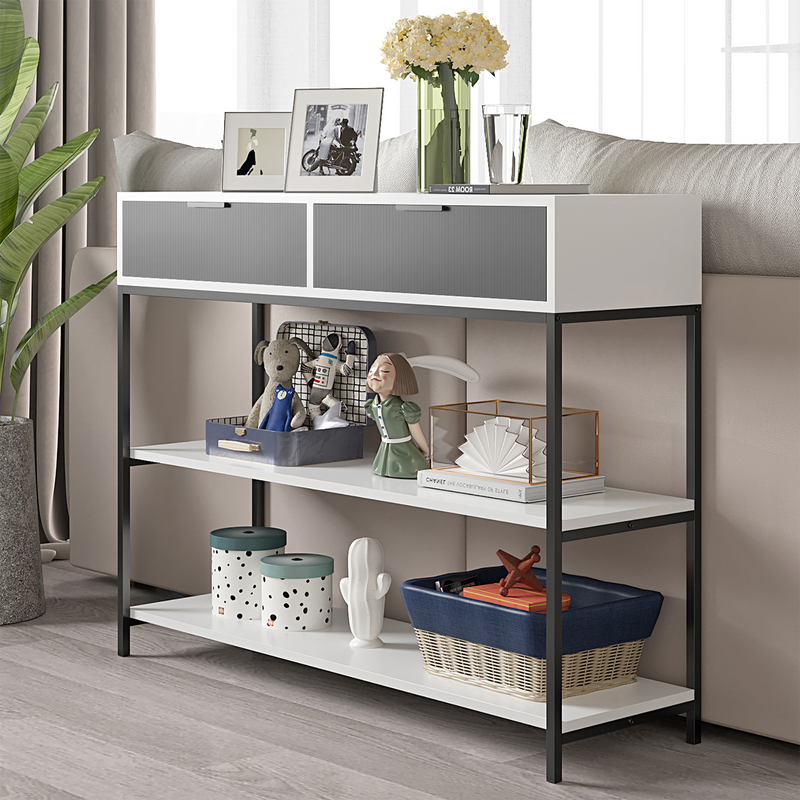 Louie White and Gray Wood Console Table Steel Frame with Shelves and Drawers