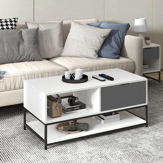 Watson White and Gray Wood Coffee Table Steel Frame with Shelves and Drawer