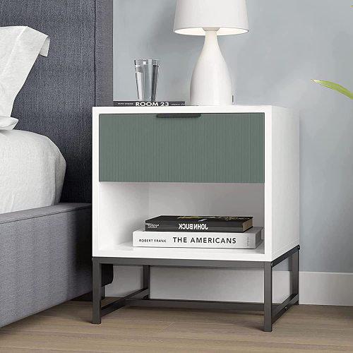 Otis White and Green Wood Nightstand Side Table Steel Frame with Shelf and Drawer