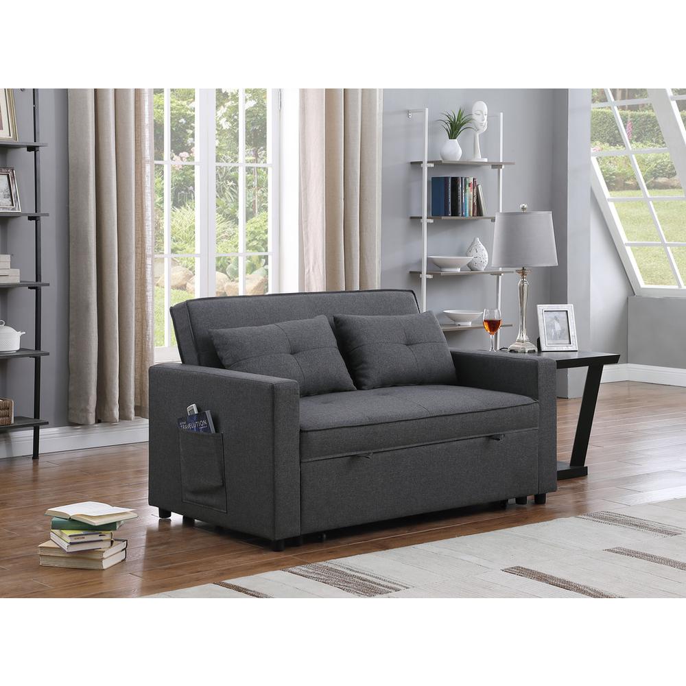 Zoey Dark Gray Linen Convertible Sleeper Loveseat with Side Pocket