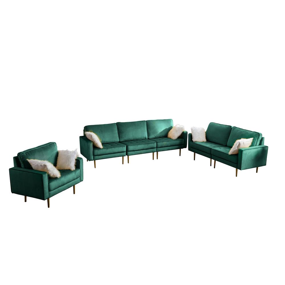 Theo Green Velvet Sofa Loveseat Chair Living Room Set with Pillows