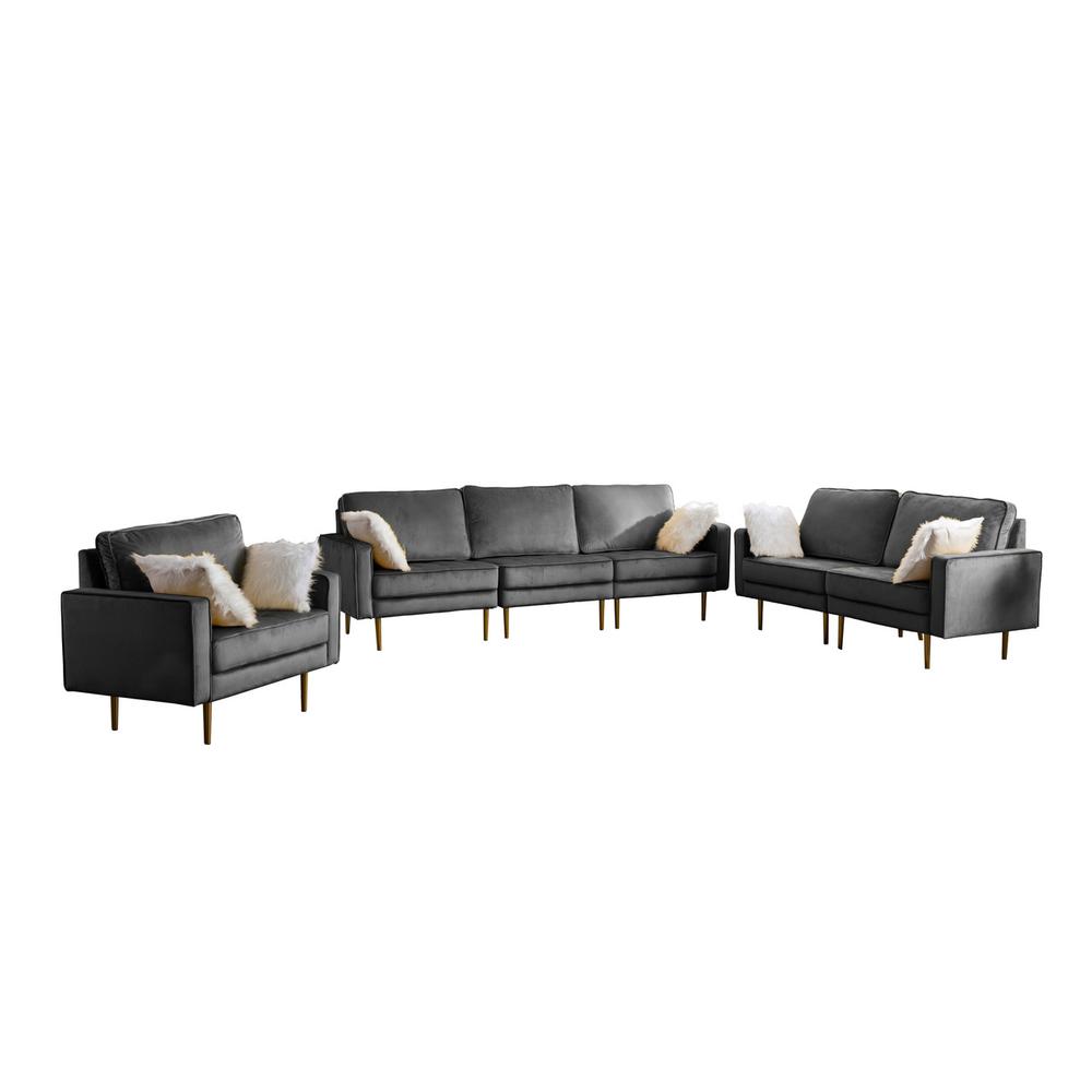 Theo Gray Velvet Sofa Loveseat Chair Living Room Set with Pillows