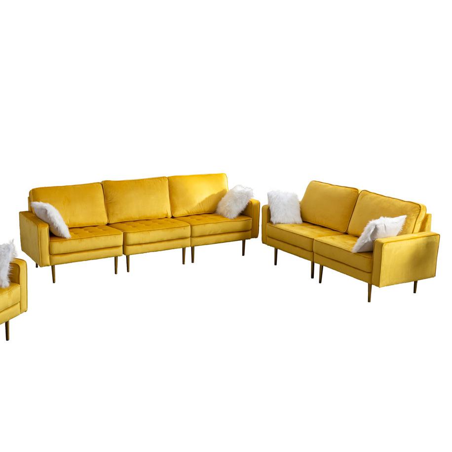 Theo Yellow Velvet Sofa Loveseat Living Room Set with Pillows