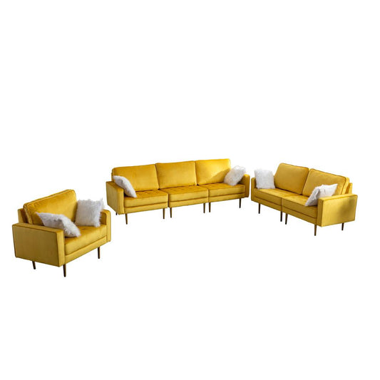 Theo Yellow Velvet Sofa Loveseat Chair Living Room Set with Pillows