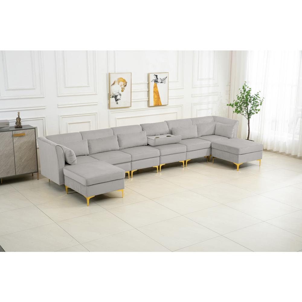 Jaka Light Gray Woven Fabric 6-Seater Sofa with Dropdown Table and Ottoman