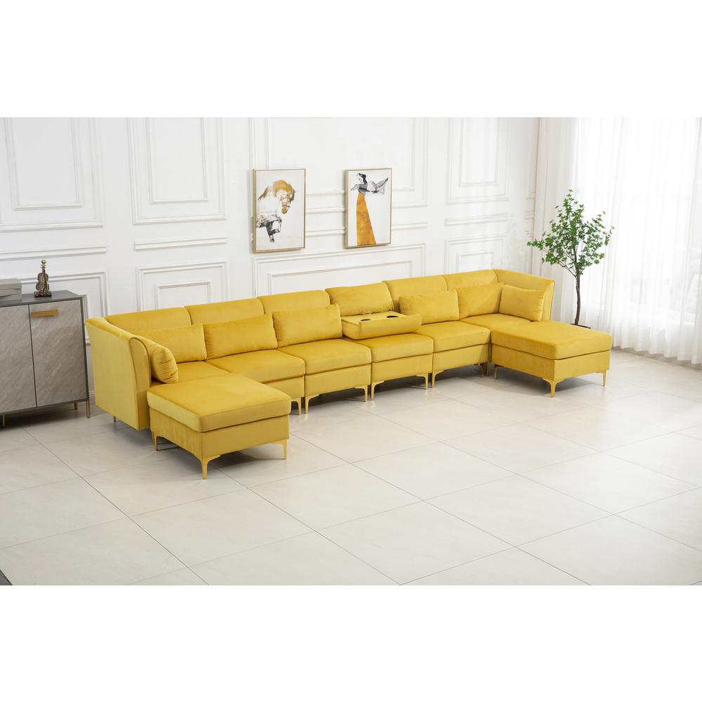 Jaka Yellow Woven Fabric 6-Seater Sofa with Dropdown Table and Ottoman