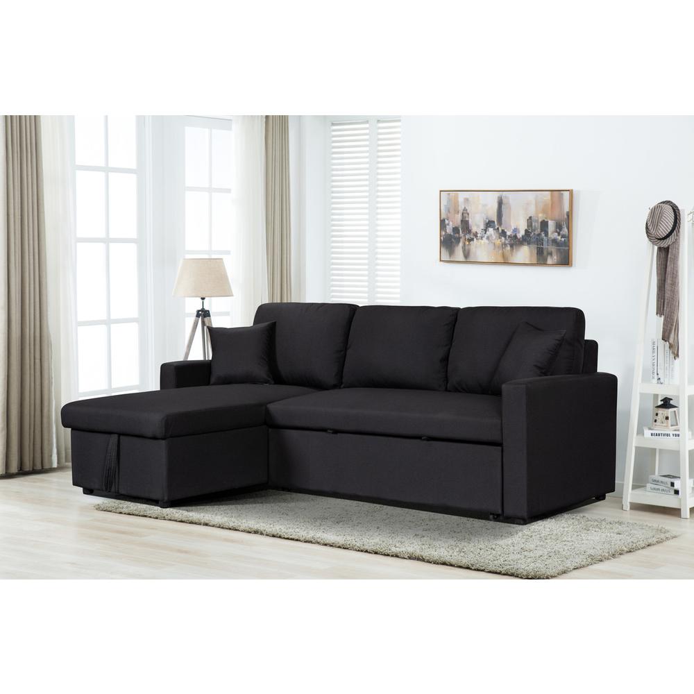 Paisley Black Linen Fabric Reversible Sleeper Sectional Sofa with Storage Chaise