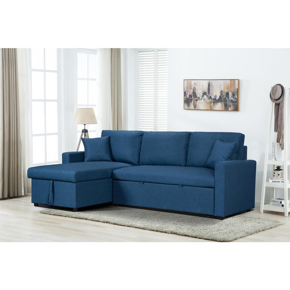 Paisley Blue Linen Fabric Reversible Sleeper Sectional Sofa with Storage Chaise