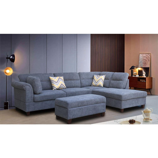 Diego Gray Fabric Sectional Sofa with Right Facing Chaise, Storage Ottoman, and 2 Accent Pillows