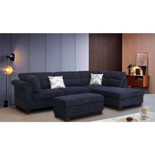 Diego Black Fabric Sectional Sofa with Right Facing Chaise, Storage Ottoman, and 2 Accent Pillows