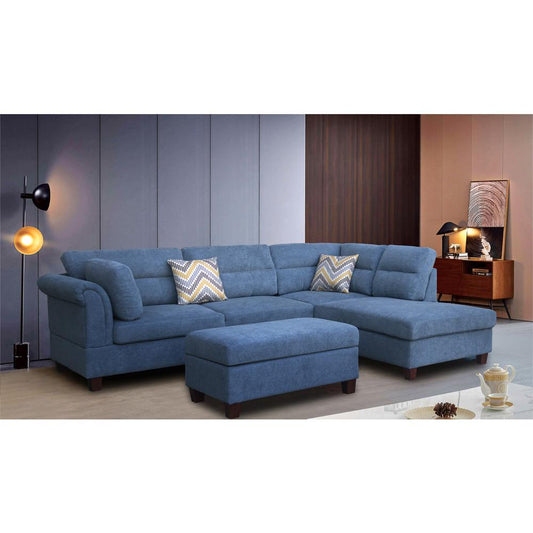 Diego Blue Fabric Sectional Sofa with Right Facing Chaise, Storage Ottoman, and 2 Accent Pillows