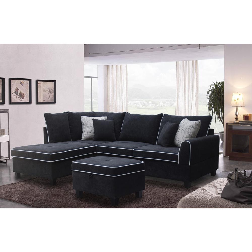 Harmony Black Fabric Sectional Sofa with Left-Facing Chaise and Storage Ottoman