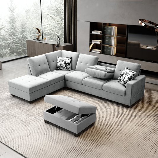 Remi Light Gray Velvet Reversible Sectional Sofa w/ Dropdown Table, Charging Ports, Cupholders, Storage Ottoman & Pillows