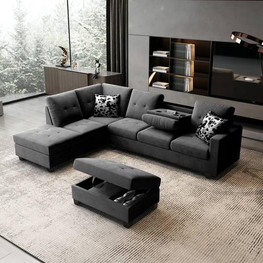 Remi Dark Gray Velvet Reversible Sectional Sofa with Dropdown Table, Charging Ports, Cupholders, Storage Ottoman, and Pillows