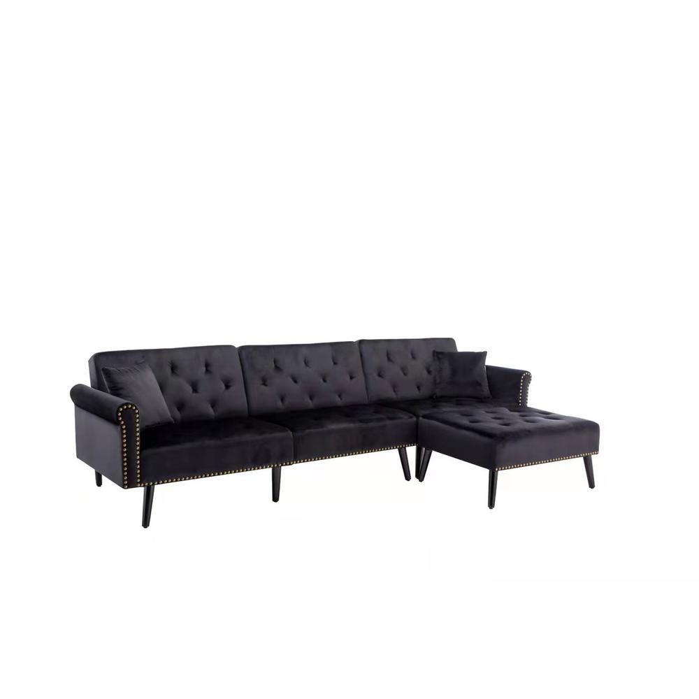 Piper Black Velvet Sofa Bed with Ottoman and 2 Accent Pillows