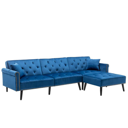 Piper Navy Blue Velvet Sofa Bed with Ottoman and 2 Accent Pillows