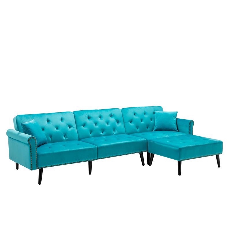 Piper Light Blue Velvet Sofa Bed with Ottoman and 2 Accent Pillows