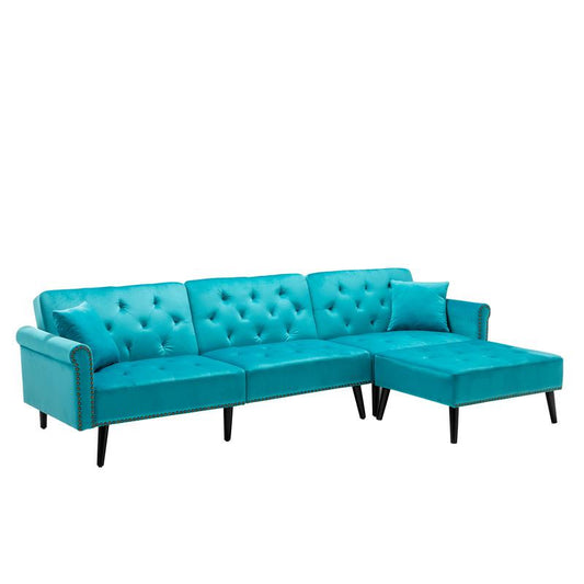 Piper Light Blue Velvet Sofa Bed with Ottoman and 2 Accent Pillows