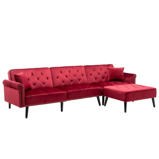 Piper Jujube Red Velvet Sofa Bed with Ottoman and 2 Accent Pillows