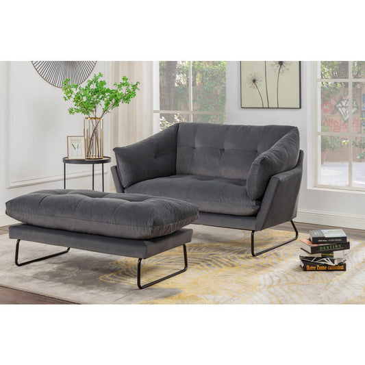 Karla Dark Gray Velvet Contemporary Loveseat and Ottoman