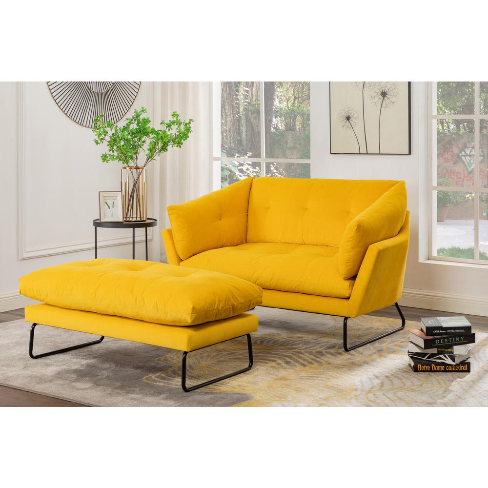 Karla Yellow Velvet Contemporary Loveseat and Ottoman