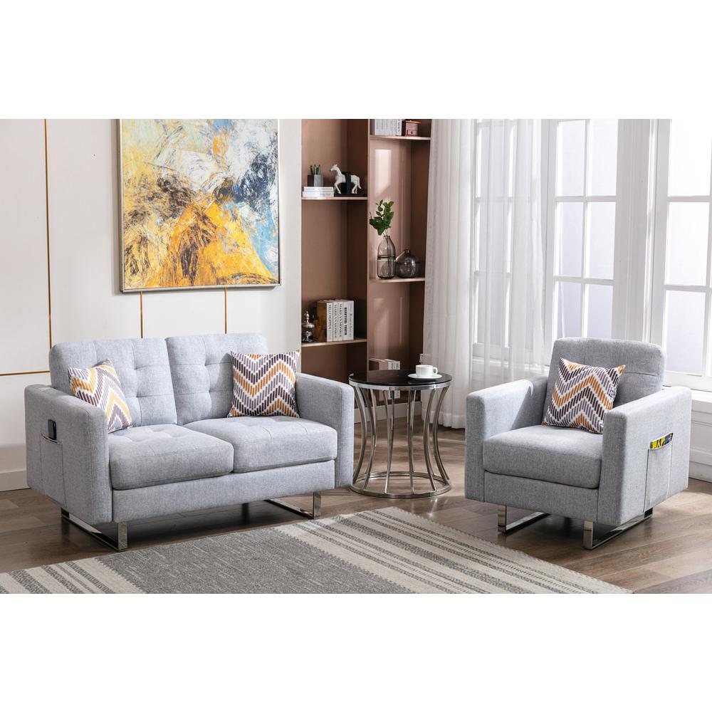 Victoria Light Gray Linen Fabric Loveseat Chair Living Room Set with Metal Legs, Side Pockets, and Pillows