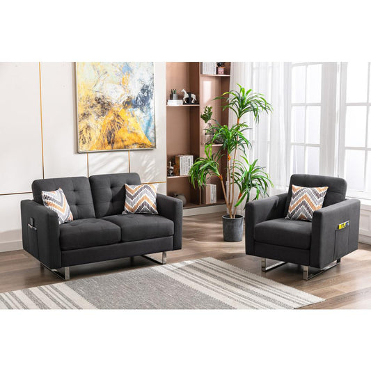 Victoria Dark Gray Linen Fabric Loveseat Chair Living Room Set with Metal Legs, Side Pockets, and Pillows