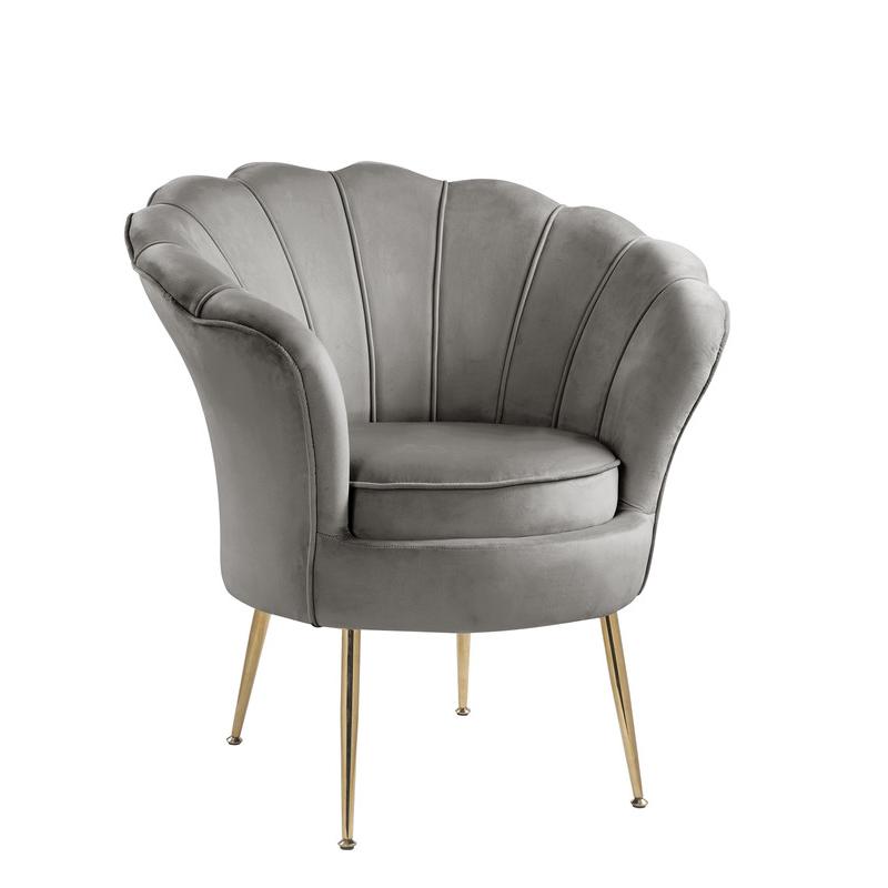 Angelina Gray Velvet Scalloped Back Barrel Accent Chair with Metal Legs