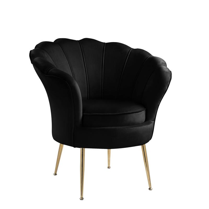 Angelina Black Velvet Scalloped Back Barrel Accent Chair with Metal Legs