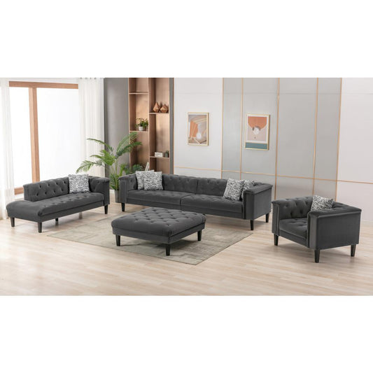 Mary Dark Gray Velvet Tufted Sofa Chaise Chair Ottoman Living Room Set With 6 Accent Pillows