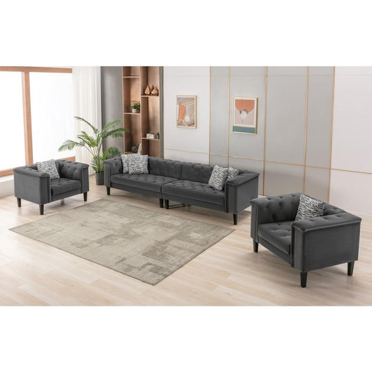 Mary Dark Gray Velvet Tufted Sofa 2 Chairs Living Room Set With 6 Accent Pillows