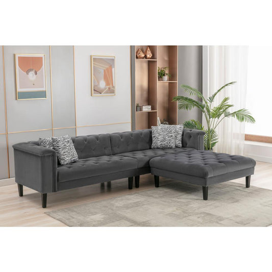 Mary Dark Gray Velvet Tufted Sofa Ottoman Living Room Set With 4 Accent Pillows