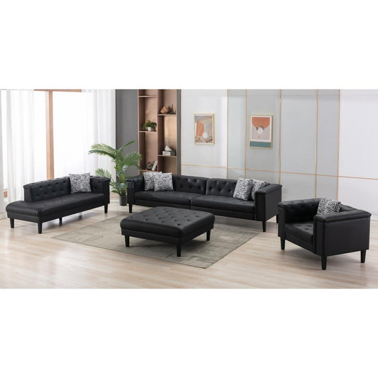 Sarah Black Vegan Leather Tufted Sofa Chaise Chair Ottoman Living Room Set With 6 Accent Pillows