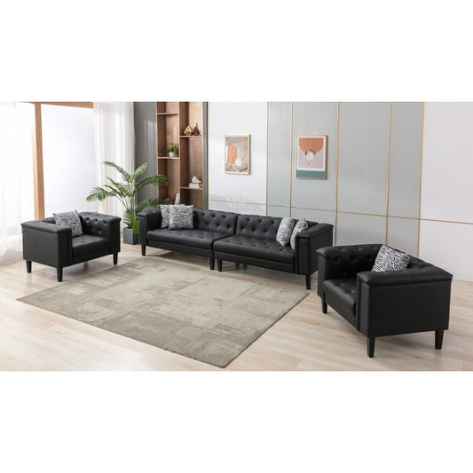 Sarah Black Vegan Leather Tufted Sofa 2 Chairs Living Room Set With 6 Accent Pillows