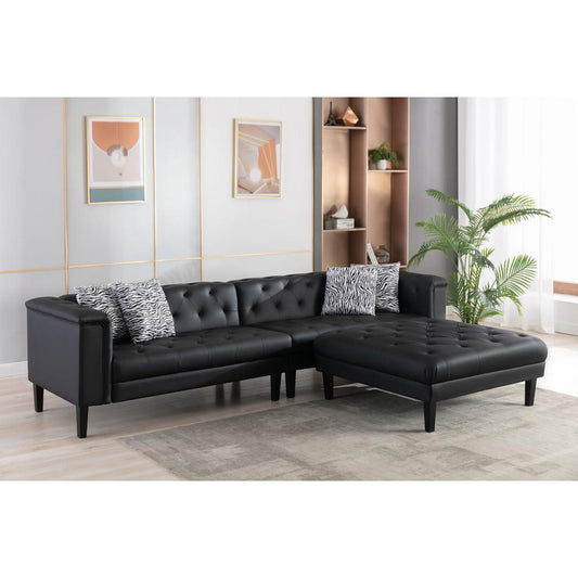 Sarah Black Vegan Leather Tufted Sofa Ottoman Living Room Set With 4 Accent Pillows