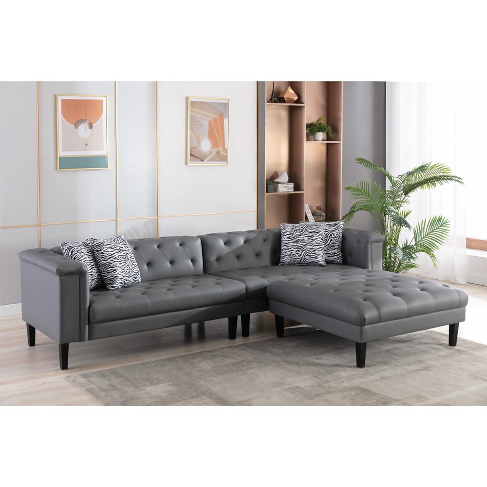 Sarah Gray Vegan Leather Tufted Sofa Ottoman Living Room Set With 4 Accent Pillows