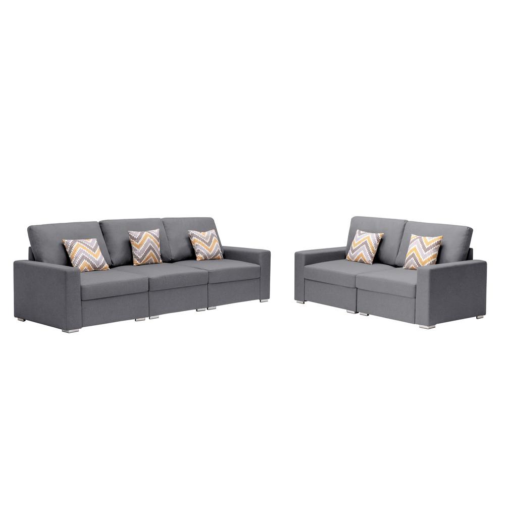 Nolan Gray Linen Fabric Sofa and Loveseat Living Room Set with Pillows and Interchangeable Legs