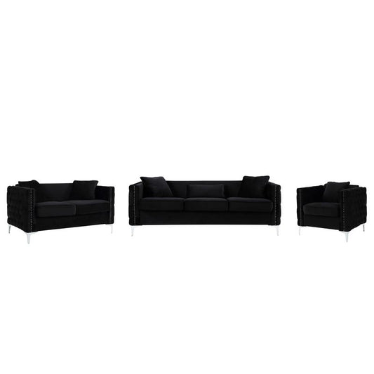 Bayberry Black Velvet Sofa Loveseat Chair Living Room Set