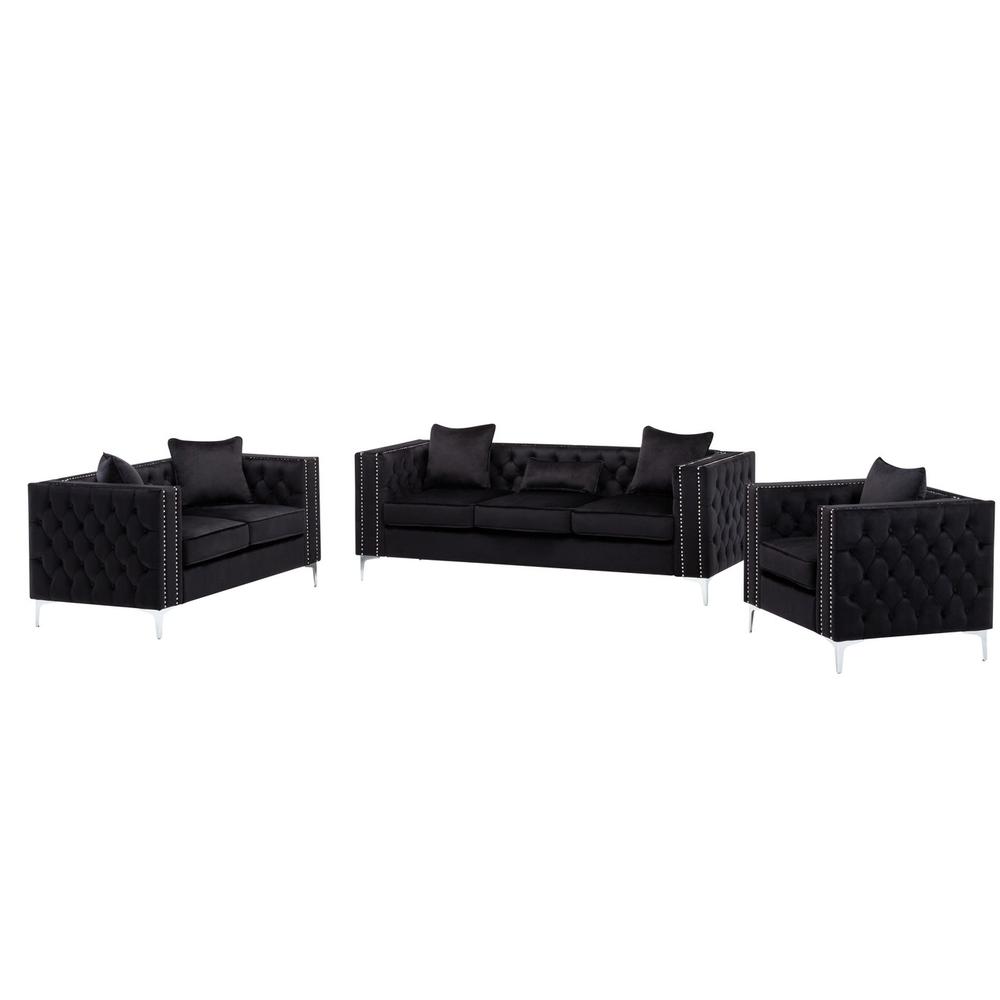 Lorreto Black Velvet Fabric Sofa Loveseat Chair Living Room Set