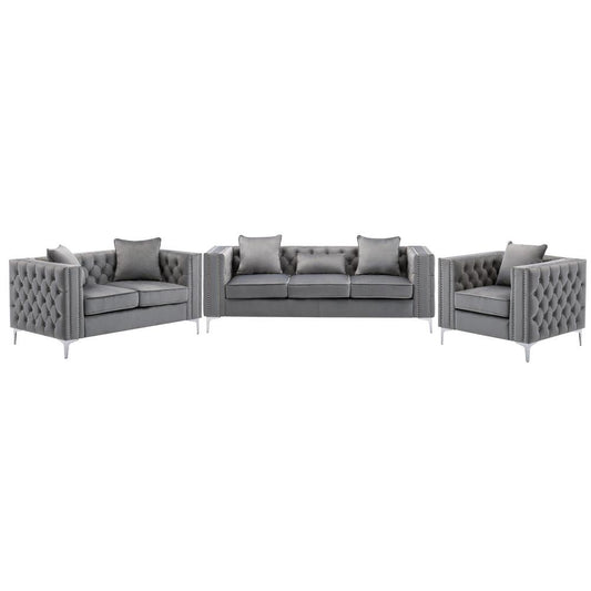 Lorreto Gray Velvet Fabric Sofa Loveseat Chair Living Room Set